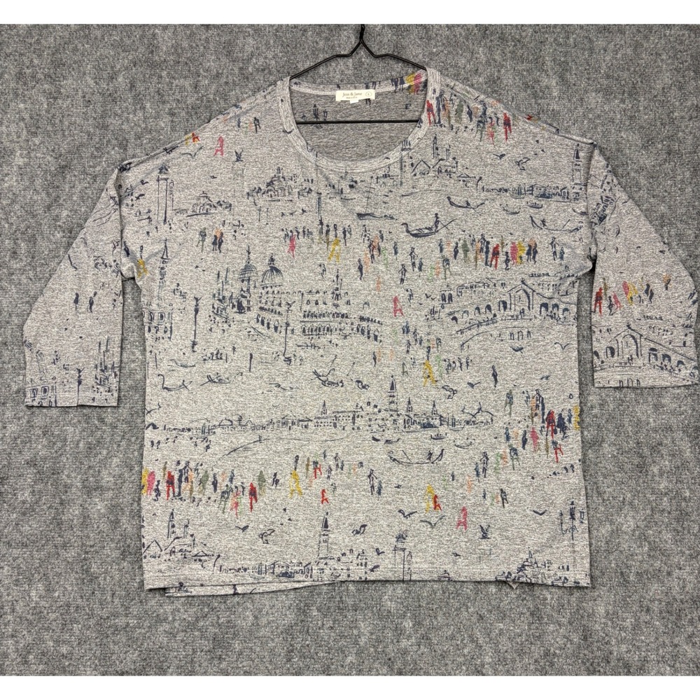 Jess & Jane Womens Large Gray Venice Cityscape Print 3/4 Sleeve Top Made in USA